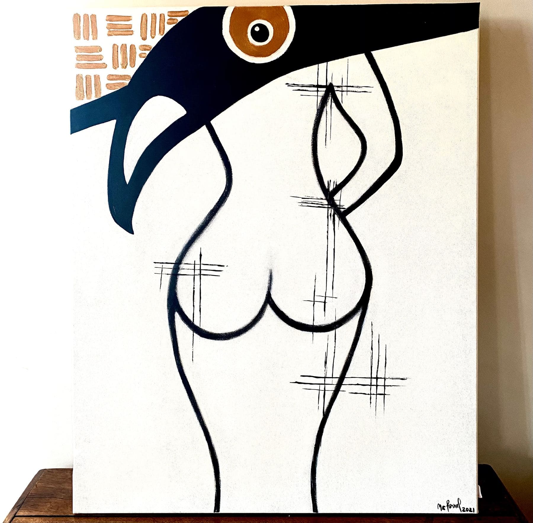 Regard Indiscret de M. C. Lamamie de Clairac : un large aplat noir mat contraste avec le blanc nu de la toile, un dialogue entre noir profond et lumière qui n'est pas sans écho avec l'outrenoir de Pierre Soulages