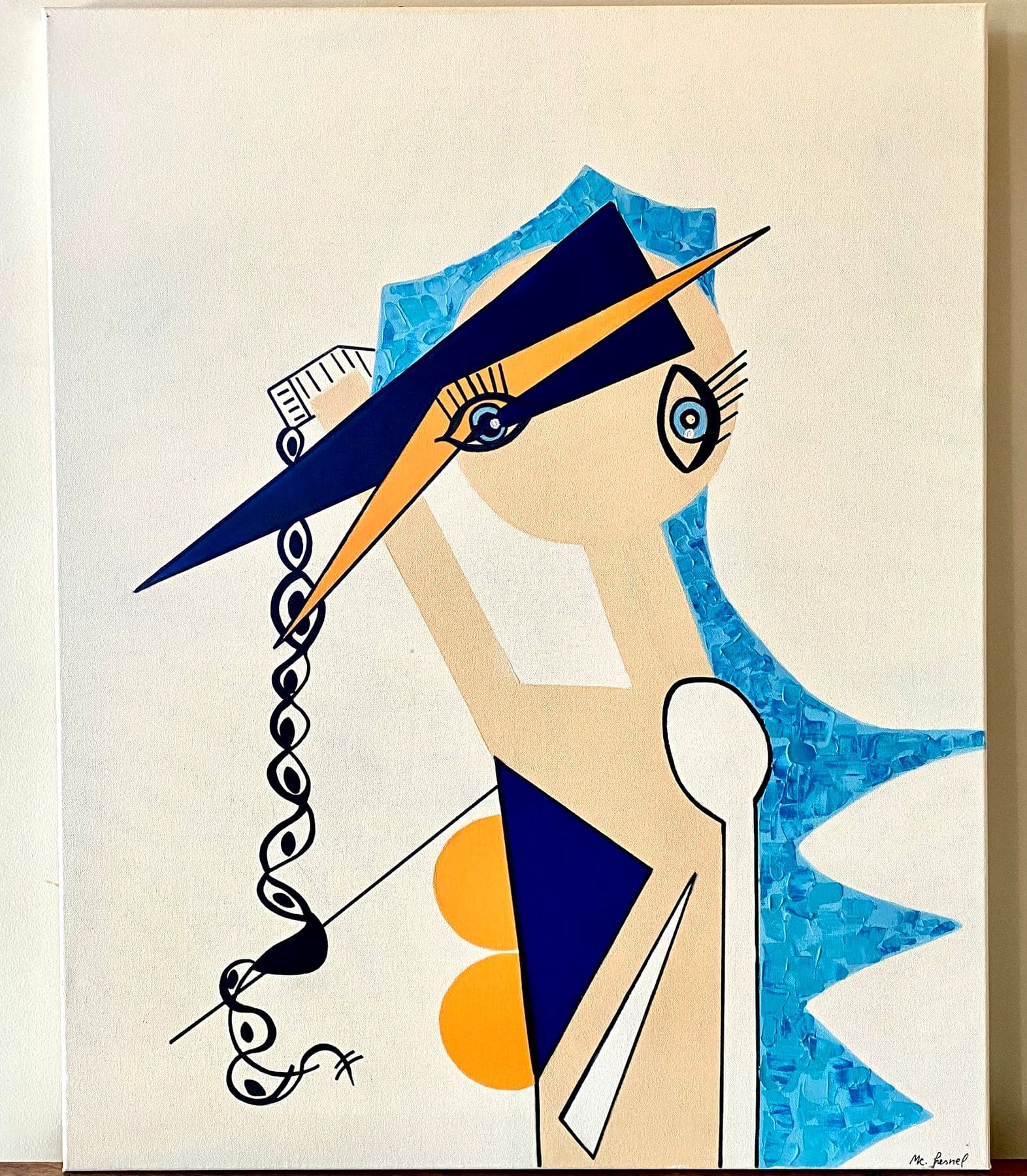 La Fiancée, œuvre figurative de M. C. Lamamie de Clairac construite en aplats géométriques bleus et orangés, dont la fragmentation évoque la tradition moderniste catalane