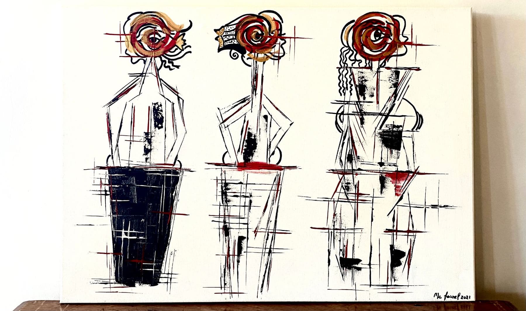 Peinture abstraite de M. C. Lamamie de Clairac mêlant lignes géométriques nettes et coulées de couleur fluides, entre abstraction géométrique et lyrique